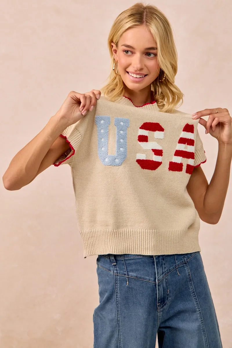 USA Patchwork Sweater Vest Top With Contrast Detail