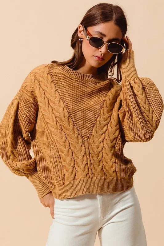 Mineral Washed Loose Fit Textured Cable Sweater