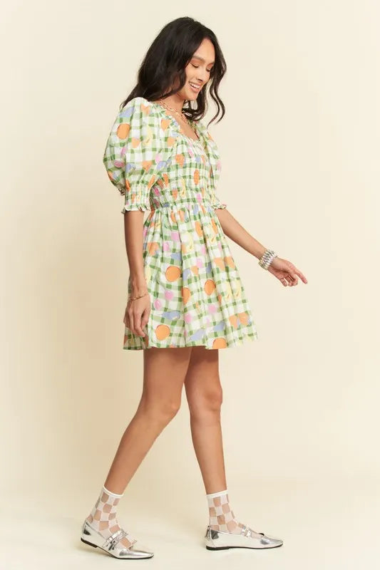 Fruits Printed Smocking Mini Dress