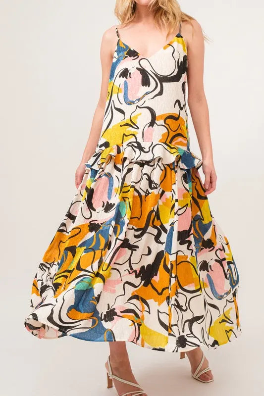 Ruffled Abstract Floral Printed Midi Cami Dress