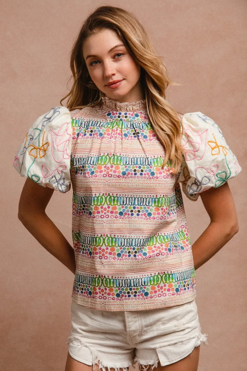 Ruffle Neckline Blouse With Embroidery Bubble Sleeve