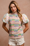 Ruffle Neckline Blouse With Embroidery Bubble Sleeve