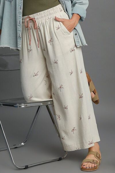 Full Size Lace Drawstring Embroidered Bow Wide Leg Pants Plus Size
