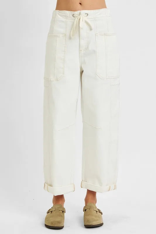 High-Waist Utility Ankle-Length Drawstring Pocket Jeans