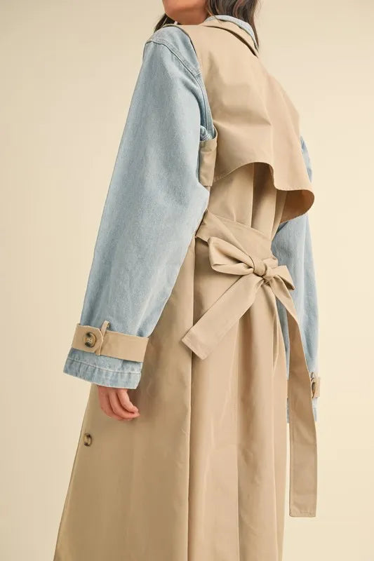 Layered Look Trench Coat With Denim Jacket