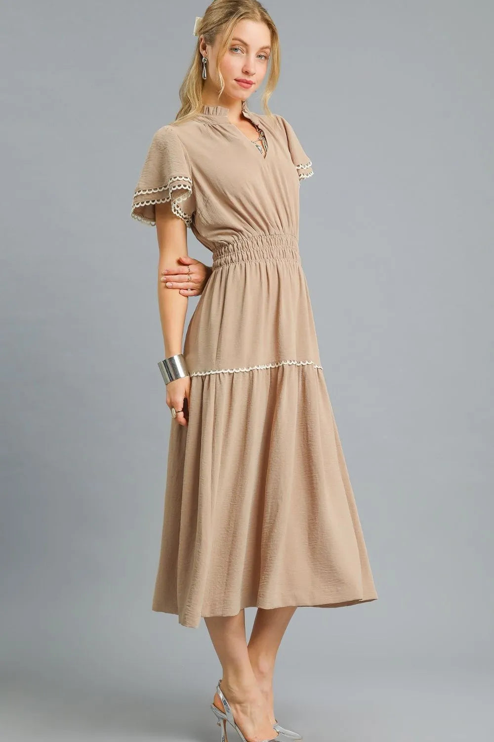Embroidered Ruffle Sleeve Boho Midi Dress