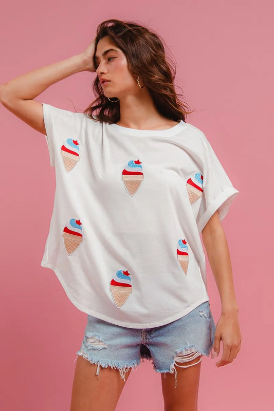 Oversized Patriotic Ice Cream Print Tee