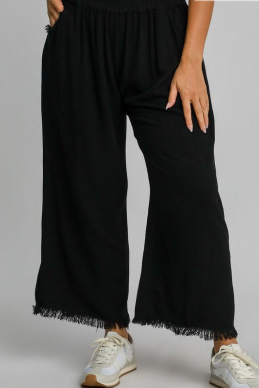 Full Size Linen Blend Elastic Waistband Wide Leg Pants Plus Size