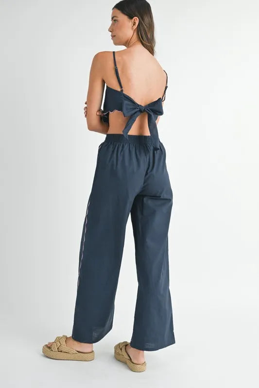 Linen Embroidered Scarf Top and Pants Set