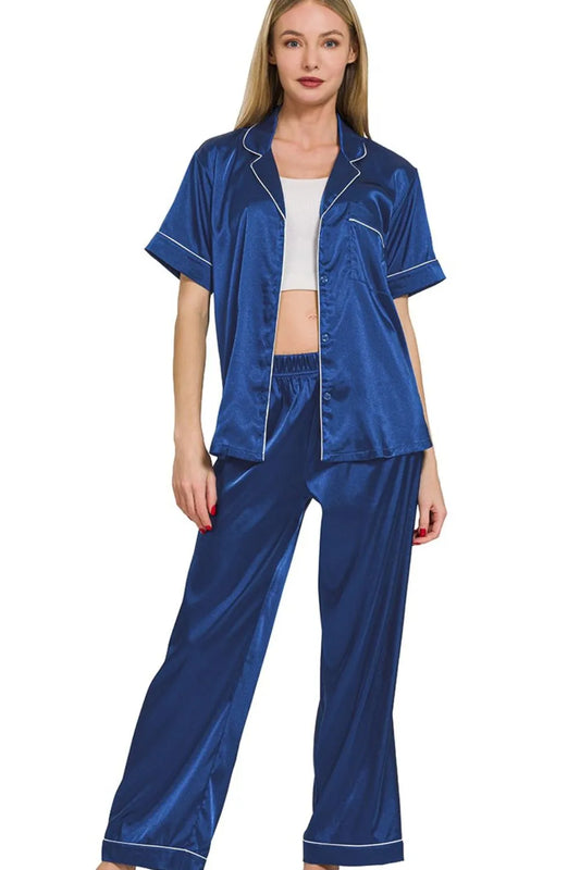 Satin Short Sleeve Top and Pants Pajama Set