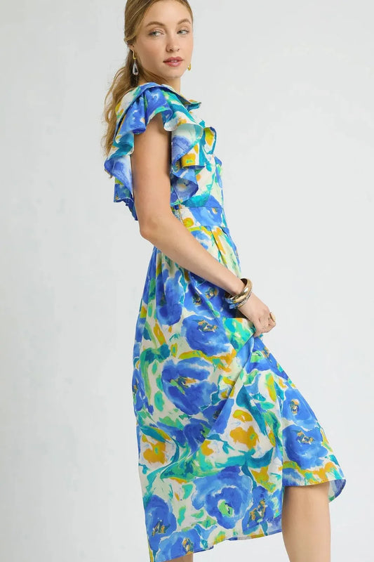 Botanical Ruffle Sleeve V-Neck Midi Dress