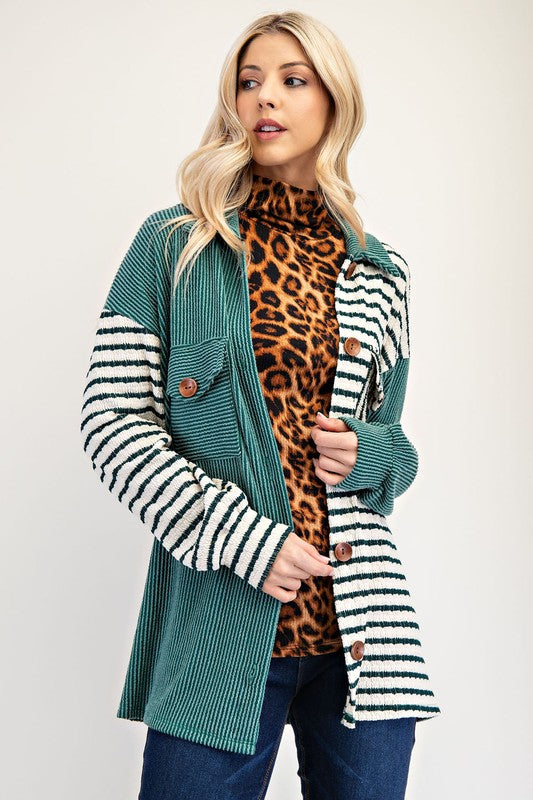 Full Size Striped Button Up Dropped Shoulder Shacket