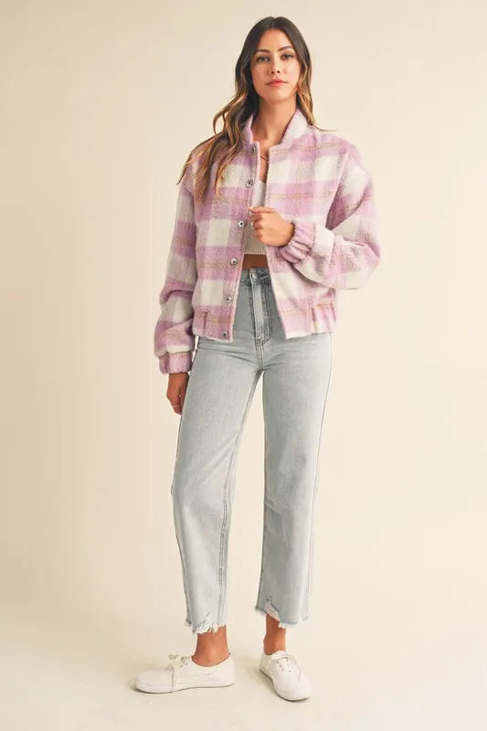 Plaid Print Fuzzy Bomber Jacket