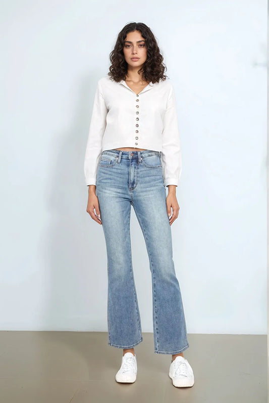 Full Size Tummy Control Back Embroidered Pocketed Bootcut Jeans Plus Size