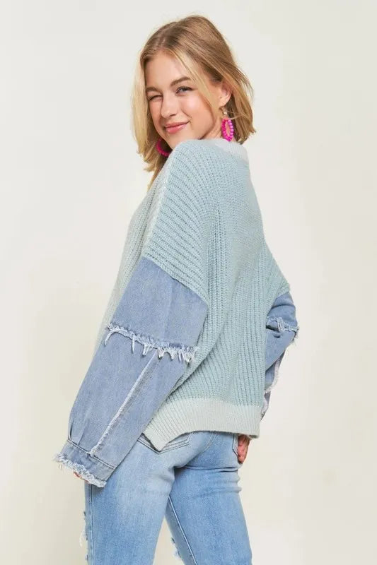 Plus Size Frayed Denim Sleeve Sweater Top
