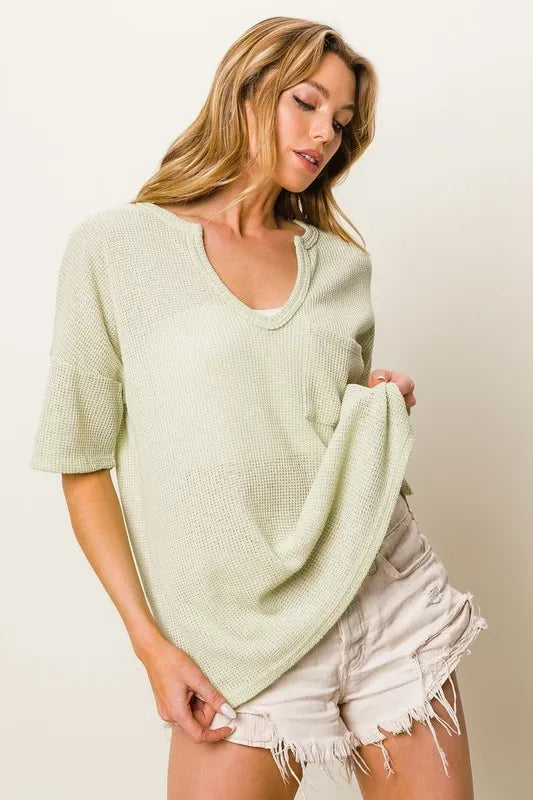 Boucle Sweater Knit Short Sleeve Henley Top