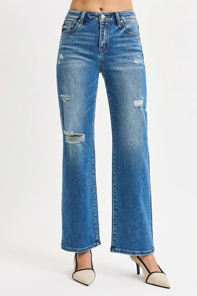 Full Size High-Waist Ankle-Length Distressed Straight Jeans