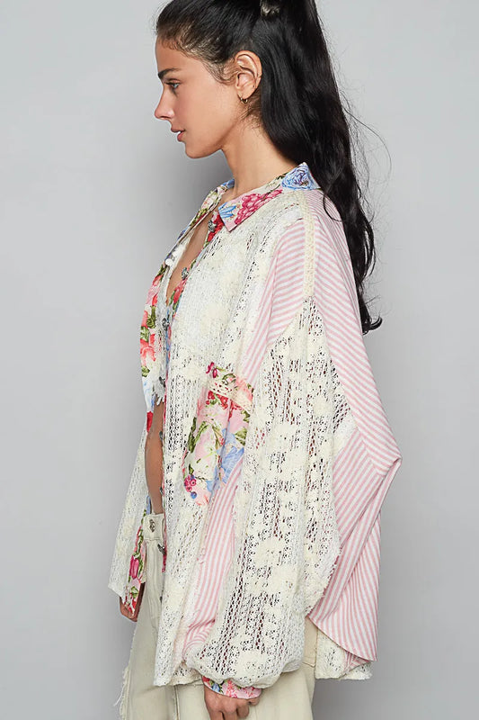 Elegant Lace Top with Floral and Stripe Design