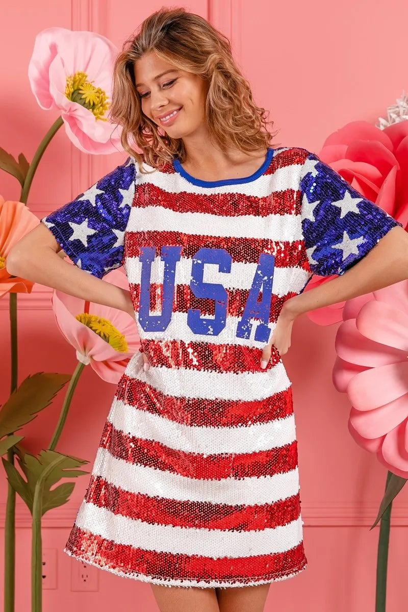 American Flag Theme Usa Print Sequin Dress