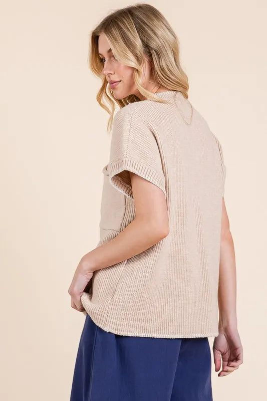 Solid Cap Sleeve Stitch Edge Knit Sweater