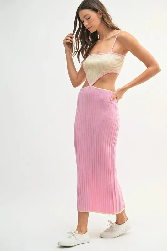 Ribbed Knit Color Block Cutout Midi Dress