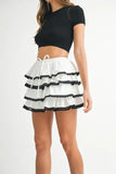 Poplin Ruffle Layered Contract Lace Trim Mini Skirt
