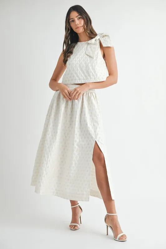 Taffeta Polka Dot Shoulder Ribbon Top and Skirt Set